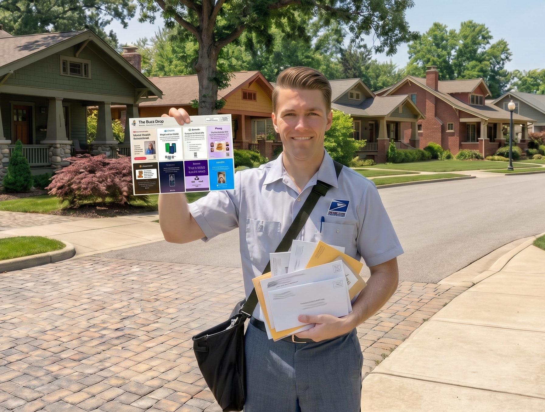 USPS Mail Carrier delivering App Drop postcards in neighborhood