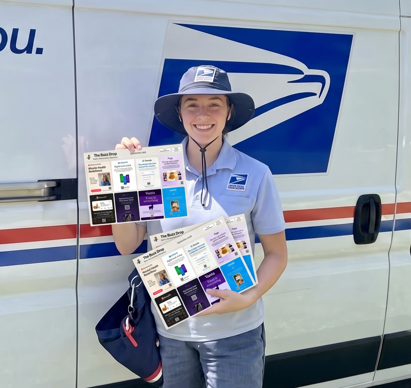 USPS Mail Carrier holding Buzz Drop postcards