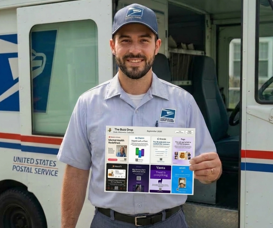 USPS Mail Carrier holding category-exclusive App Drop postcard